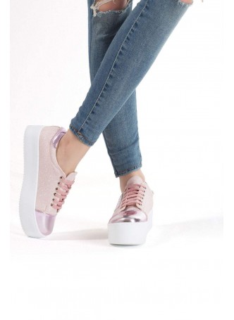 Ayç Pudra Simli Rugan Detaylı Bayan Yüksek Taban Spor Ayakkabı