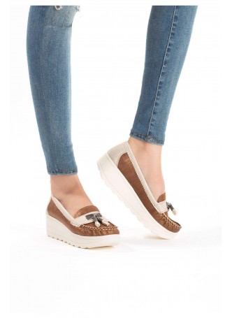 Ayç Taba Krem Cilt Püsküllü Bayan Dolgu Topuk Babet Ayakkabı