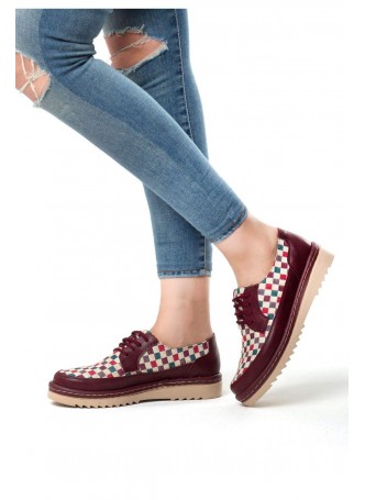 Beh Bordo Cilt Damalı Bağcıklı Bayan Spor Babet Ayakkabı