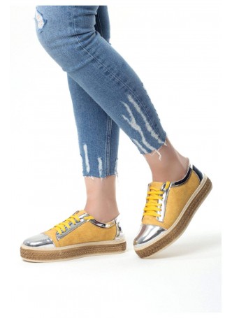 Beh Hardal Sarısı Gümüş Detaylı Bağcıklı Bayan Spor Babet Ayakkabı