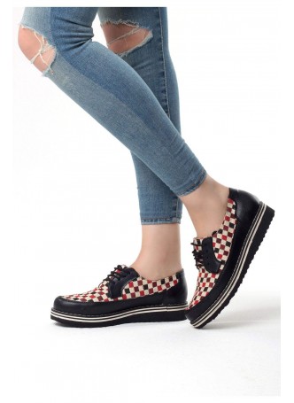 Beh Siyah Cilt Damalı Bağcıklı Bayan Spor Babet Ayakkabı