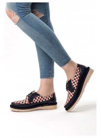 Beh Siyah Krem Taban Damalı Bayan Spor Babet Ayakkabı