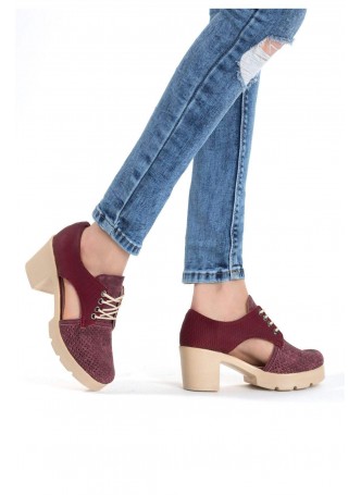 Bia Bordo Desenli Bayan Bağcıklı Oxford Ayakkabı