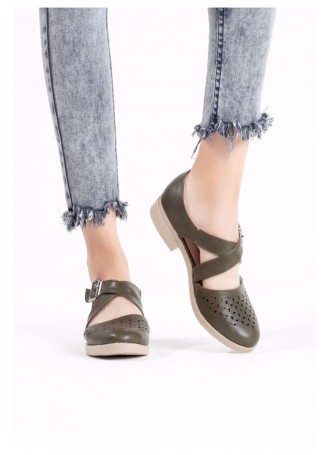 Bia Haki Yeşili Cilt Desenli Vizon Taban Bayan Babet Ayakkabı