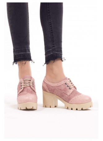 Bia Pudra Cilt Desenli Bayan Bağcıklı Oxford Ayakkabı