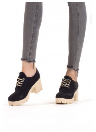 Bia Siyah Cilt Bayan Bağcıklı Oxford Ayakkabı