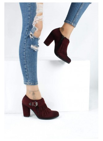 Bus Bordo Süet Püsküllü Bayan Topuklu Ayakkabı