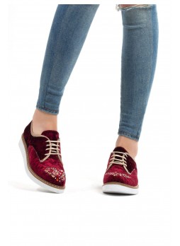 Def Bordo Kadife Süet Taşlı Bayan Bağcıklı Babet Ayakkabı