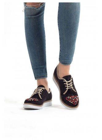 Def Siyah Kadife Süet Taşlı Bayan Bağcıklı Babet Ayakkabı