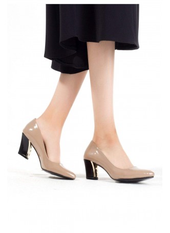 Açık Vizon Düz Kesim Bayan Rugan Kısa Topuk Ayakkabı