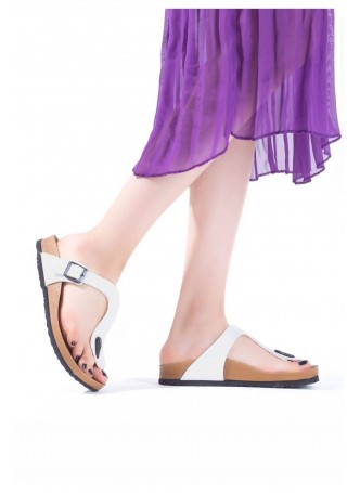 Beyaz Cilt İnce Taban Bayan Terlik