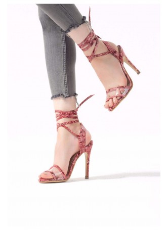 Bordo Yılan Derisi Desenli Bağlamalı Bayan Stiletto Ayakkabı