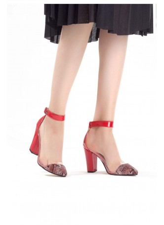 Kırmızı Rugan Yanlar Şeffaf Bayan Topuklu Ayakkabı
