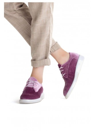 Lila Kadife Süet Bayan Bağcıklı Babet Ayakkabı