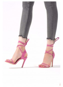 Pembe Süet Bağlamalı Bayan Stiletto Ayakkabı