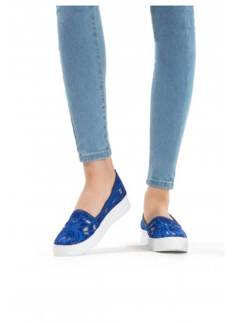 Saks Mavisi Desenli Fileli Bayan Spor Babet Ayakkabı