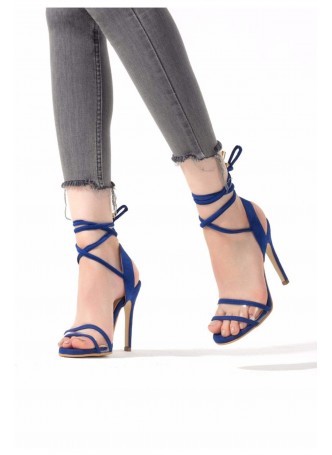 Saks Mavisi Süet Bağlamalı Bayan Stiletto Ayakkabı