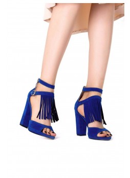 Saks Mavisi Süet Püsküllü Çift Kemerli Bayan Topuklu Ayakkabı