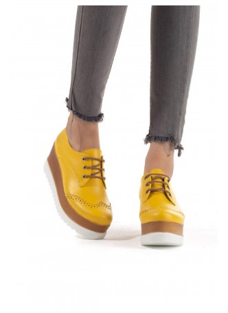 Sarı Cilt Bağcıklı Desenli Bayan Yüksek Taban Ayakkabı