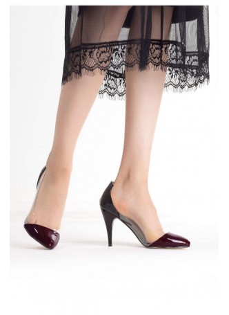 Siyah Rugan Bordo Burunlu Bayan Stiletto Ayakkabı