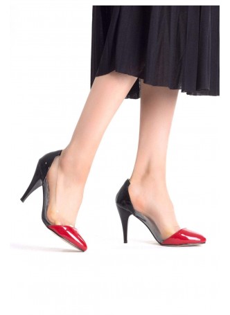 Siyah Rugan Kırmızı Burunlu Bayan Stiletto Ayakkabı