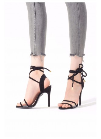 Siyah Süet Bağlamalı Bayan Stiletto Ayakkabı