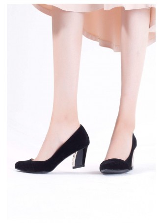 Siyah Süet Yan Kesim Bayan Kısa Topuk Ayakkabı