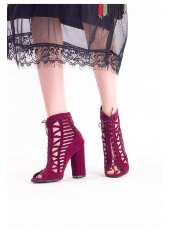 Ert Bordo Süet Arkası Fermuarlı Bağcıklı Bayan Topuklu Ayakkabı