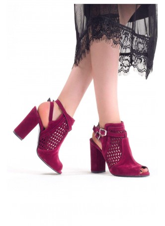 Ert Bordo Süet Çift Kemerli Bayan Topuklu Ayakkabı