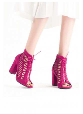 Ert Fuşya Süet Arkası Fermuarlı Bağcıklı Bayan Topuklu Ayakkabı