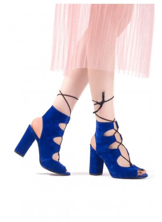 Ert Saks Mavisi Bağcıklı Bayan Topuklu Ayakkabı