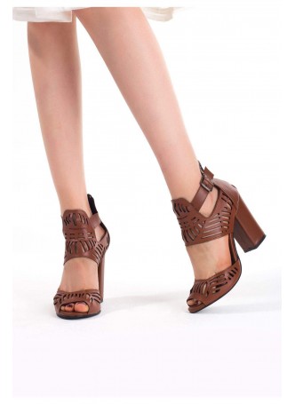 Ert Taba Kemerli Desenli Bayan Topuklu Ayakkabı