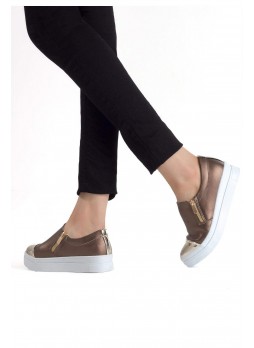 İni Bakır Cilt Rugan Detaylı Bayan Spor Babet Ayakkabı