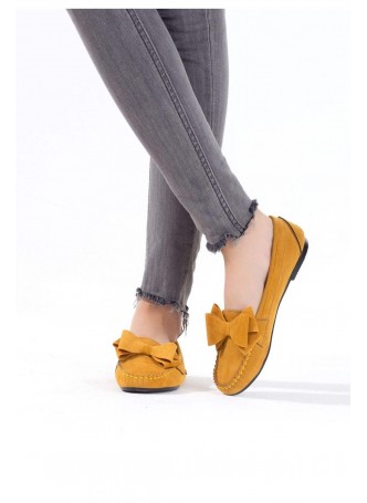 İni Hardal Sarısı Kurdelalı Süet Bayan Babet Ayakkabı