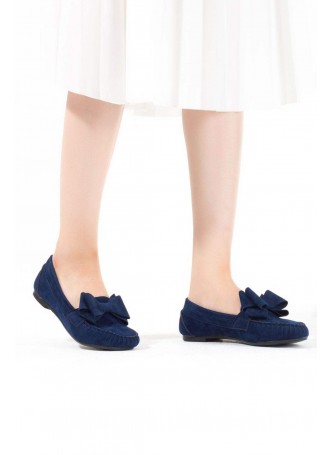 İni Lacivert Kurdelalı Süet Bayan Babet Ayakkabı