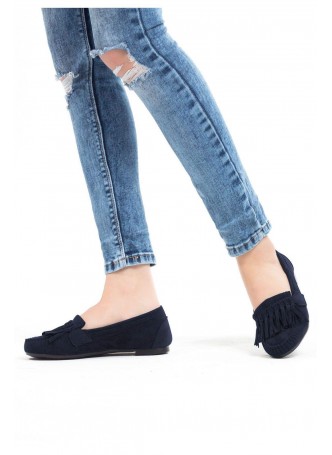 İni Lacivert Süet Püsküllü Bayan Babet Ayakkabı
