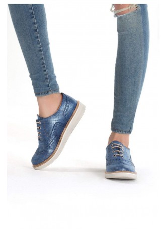 İni Mavi Cilt Desenli Bayan Bağcıklı Babet Ayakkabı