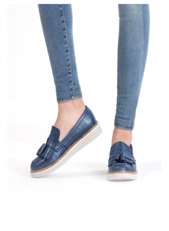 İni Mavi Cilt Püsküllü Bayan Babet Ayakabı