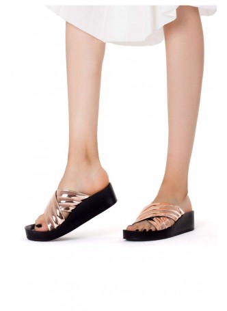 İni Parlak Gold Çapraz Bantlı Bayan Terlik