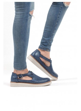 İni Parlak Mavi Bayan Kemerli Babet Ayakkabı