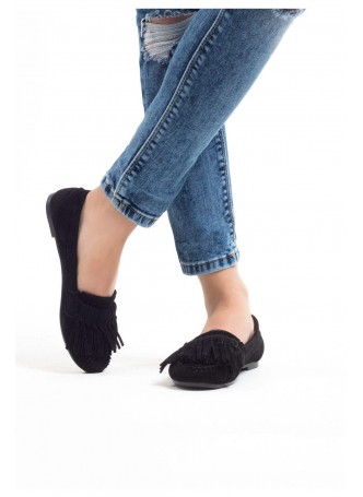 İni Siyah Süet Püsküllü Bayan Babet Ayakkabı