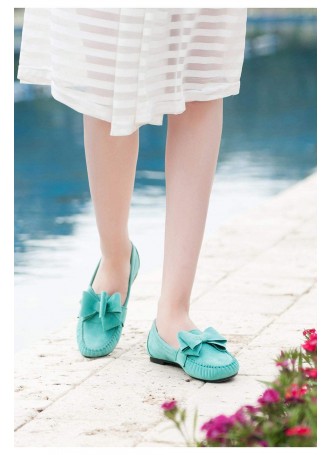 İni Su Yeşili Kurdelalı Süet Bayan Babet Ayakkabı