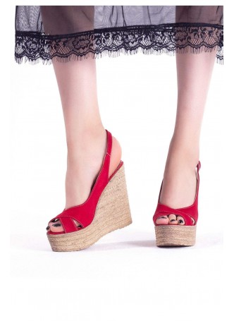 Lizet Kırmızı Süet Kemerli Bayan Dolgu Topuk Ayakkabı