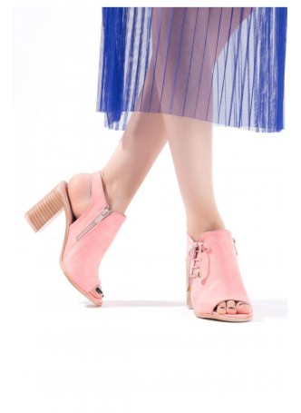 Lizet Pudra Süet Yanlar Bağcıklı Bayan Topuklu Ayakkabı