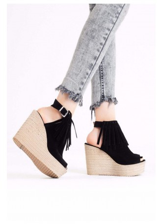 Lizet Siyah Püsküllü Bayan Dolgu Topuk Ayakkabı