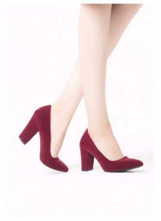 Mar Bordo Düz Kesim Bayan Kalın Topuklu Ayakkabı