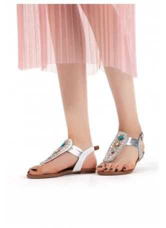 Mio Gümüş Taşlı Kemerli Bayan Sandalet Ayakkabı