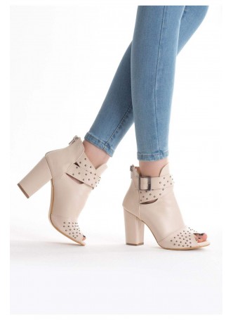 Mrt Krem Kemerli Taşlı Bayan Topuklu Ayakkabı