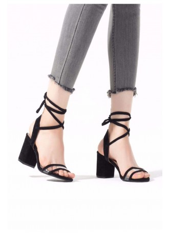Mrt Siyah Bilekten Bağlamalı Bayan Süet Topuklu Ayakkabı