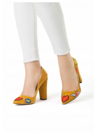 Nıc Hardal Sarısı Süet İşlemeli Desenli Bayan Topuklu Ayakkabı